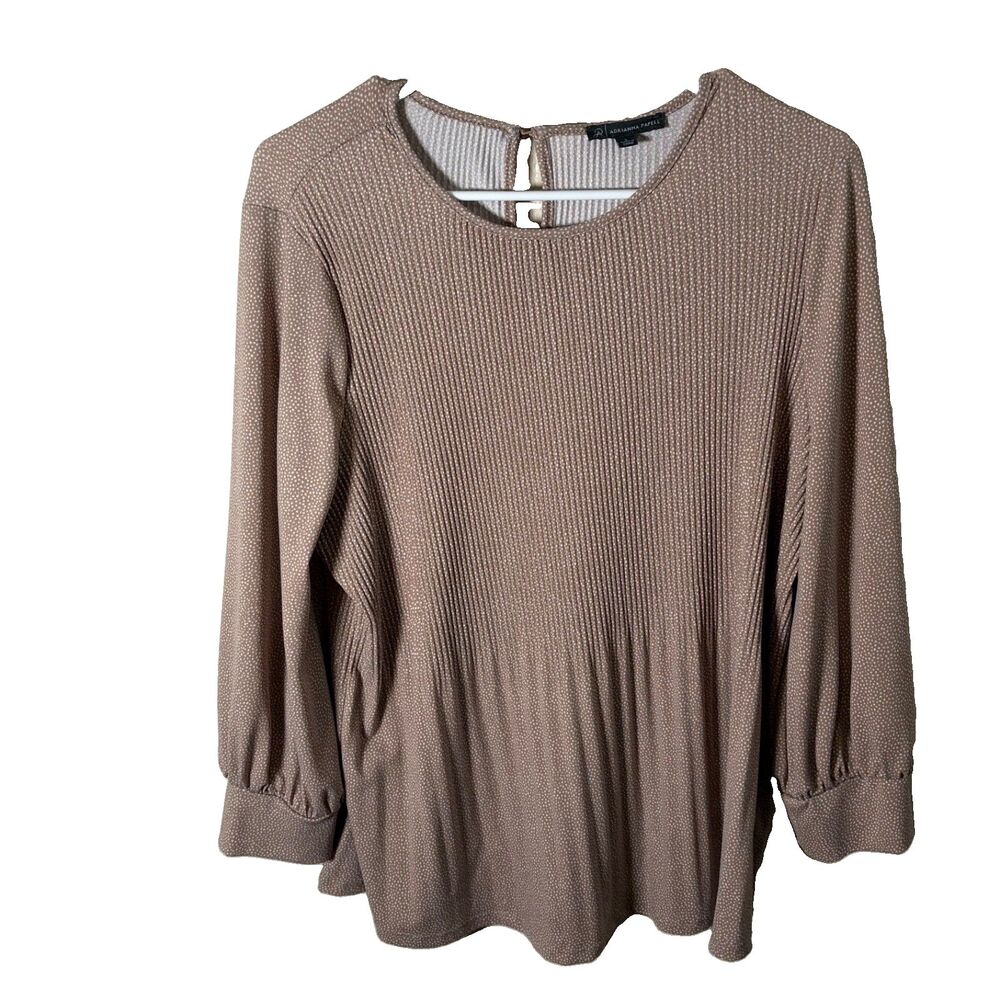 Adrianna Papell Blouse Women's Large Brown Polka Dot Pleated 3/4 Sleeve Top
